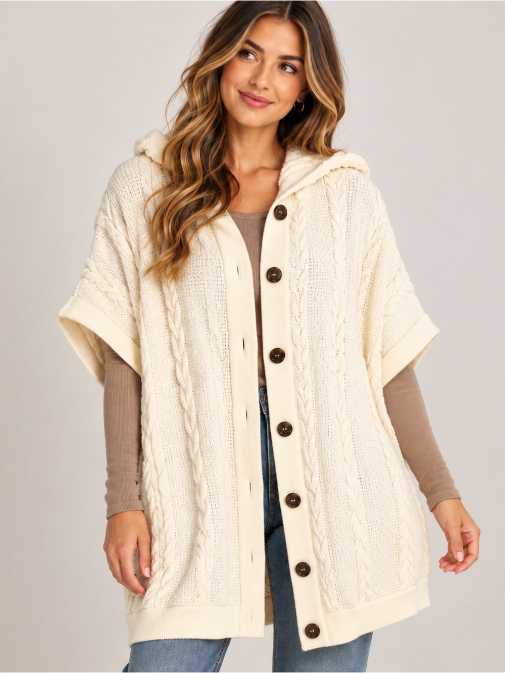 Oversized Womens Chunky Cable Knit Hooded Cape Cardigan M Preppy Cozy Sweater
